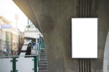 Wall Mural - large blank advertise billboard white led screen vertical on big pole walk way outdoor in city for d
