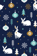 Poster - White hares in the forest with snowflakes and Christmas glass balls vector seamless pattern isolated on blue background. Creative kids scandinavian style texture for fabric. Christmas background.