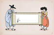 Man and woman in traditional Korean clothes(Hanbok) are holding a antique scroll. Vector illustration.