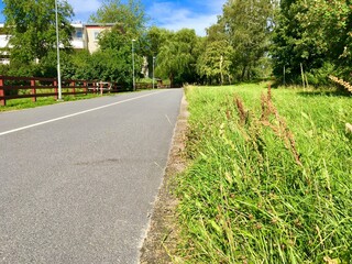 A asphalt road with lush meadow so close to an urban area with apartments in the background. Wild green field. Nice climate. Viksjo, Jarfalla, Stockholm, Sweden.