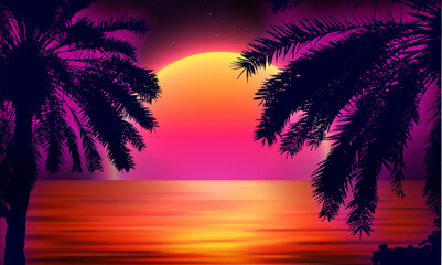 3d sunset on the beach. Retro palms vector sci fi background with ocean. Sun reflection in water. Futuristic landscape 1980s style. Digital landscape cyber surface. 80s party background.