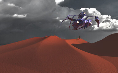 Sticker - Spacecraft on alien red planet. 3D rendering