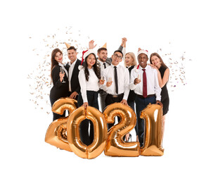 Sticker - Young people with glasses of champagne and air balloons on white background. Happy Near Year celebration