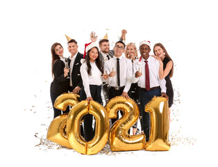 Sticker - Young people with glasses of champagne and air balloons on white background. Happy Near Year celebration