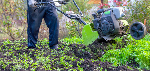 Man farmer working in field ploughing the land with a plough on a farm. Ploughman on a walk behind motor cultivator. Season processing soil in village. Organic cultivate natural products. Agriculture 