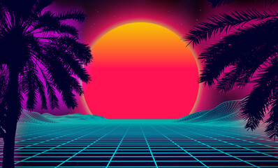 Wall Mural - 3d sunset on the beach. retro palms vector sci fi background. digital landscape cyber surface. 80s p