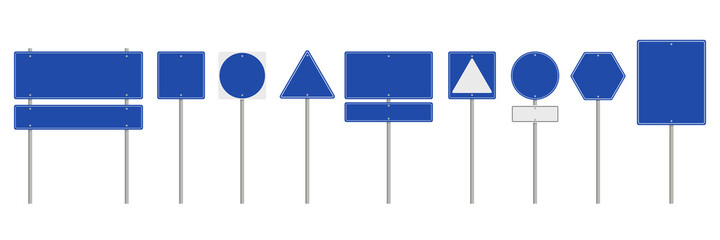 Wall Mural - Collection of blank blue road sign or Empty traffic signs isolated on white background