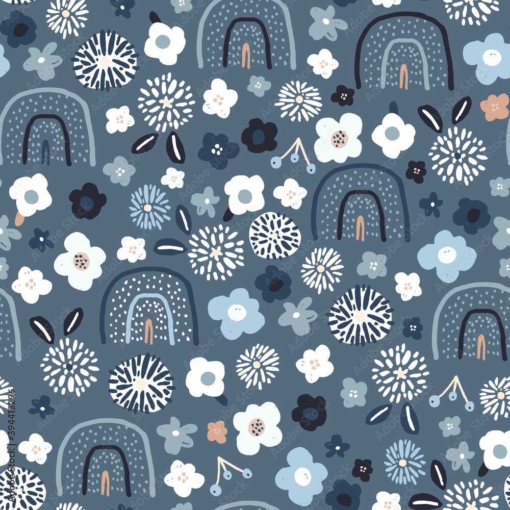 Seamless pattern with floral rainbows and hand drawn flowers. Creative blooming texture. Great for fabric, textile Vector Illustration