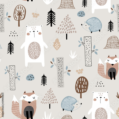 Photographie Seamless childish pattern with cute bear, fox, hedgehogs in the wood