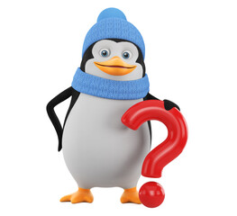 Wall Mural - Cartoon character penguin in winter clothes holding a question mark on a white background. 3d render illustration.