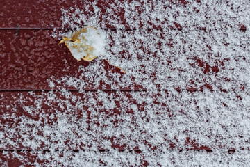 Tree leaf on snowy maroon floor of patio or terrace, natural background top view with copy space, winter onset concept