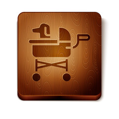 Wall Mural - Brown Pet stroller icon isolated on white background. Wooden square button. Vector.