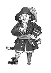 Sticker - Pirate captain with the wooden leg cartoon. Funny captain Flint. Black white drawing.