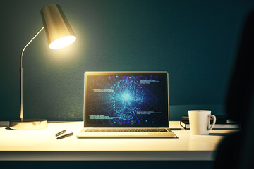 creative code skull hologram on modern computer monitor, cybercrime and hacking concept. 3d renderin