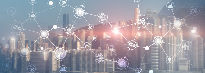 Wall Mural - business organizational structure innovation automation technology panoramic website header backgrou