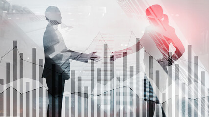 Wall Mural - Business people silhouettes with forex chart on blurry city background. Teamwork, finance and success concept. Mixed Media.