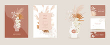 Wedding Dried Lunaria, Orchid, Pampas Grass Floral Card. Vector Exotic Dried Flowers, Palm Leaves Boho Invitation