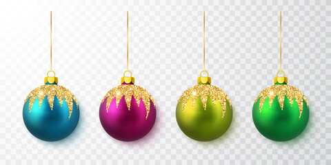 Wall Mural - Colorful Christmas balls. Xmas glass ball on white background. Holiday decoration template. Vector illustration
