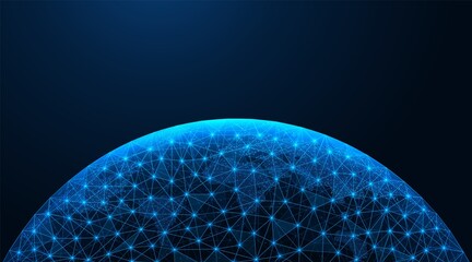 Wall Mural - Digital global network. Data exchange technology. World map. Low-poly construction of concatenated lines and dots. Blue background.