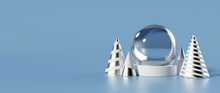 Snow Globe With Silver And White Christmas Trees Isolated On The Blue Background. Empty Space. Modern Minimal Christmas  Decoration. New Year Concept- 3D Illustration