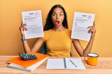 Wall Mural - Young african american girl showing failed and passed exam in shock face, looking skeptical and sarcastic, surprised with open mouth