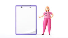 3d Render. Woman Doctor Cartoon Character Stands Near The Big Clipboard With White Paper. Clip Art Isolated On White Background. Professional Medical Consultation. Prescription Blank Mockup.