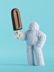 Wall Mural - 3d render, white hairy yeti, furry bigfoot toy holds chocolate eskimo ice-cream. Food clip art isolated on light blue background