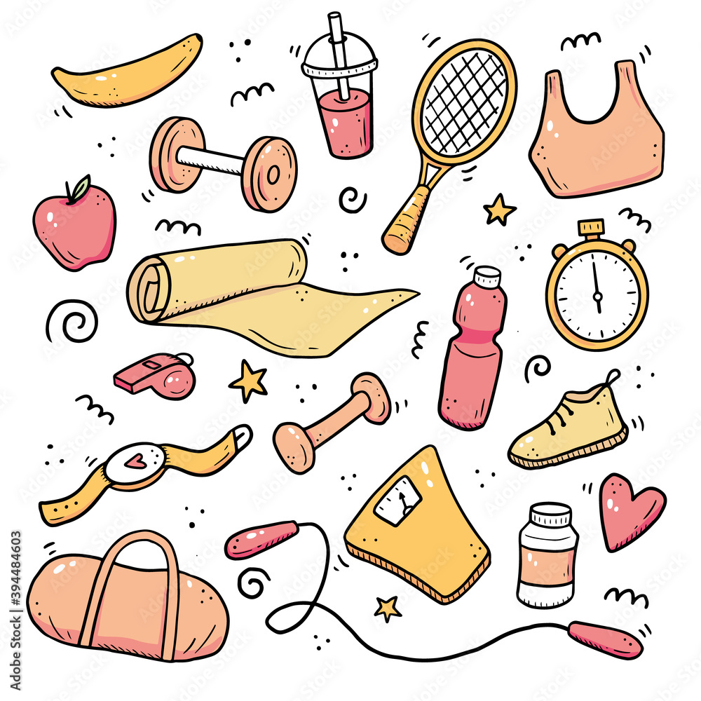 Hand drawn set of fitness, gym equipments, activity lifestyle concept ...