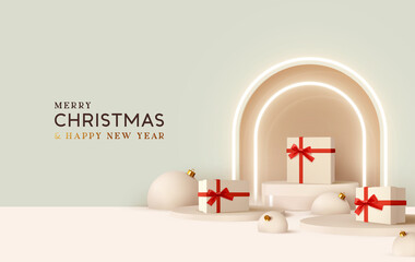 Merry Сhristmas and Happy New Year. Realistic design, white gift boxes with red ribbon, light balloons, neon arch, round realistic stage, podium, Xmas studio. Holiday background with 3d rednder object