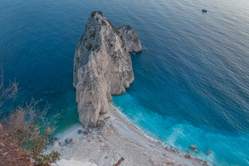 Top view of the beach and two white limestone cliffs of Misithres, Zakynthos island, Greece