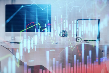  Multi exposure of stock market chart drawing and office interior background. Concept of financial analysis.