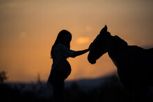 Silhouette Pregnant Women Touching Horse Against Sky During Sunset