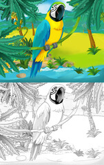 Wall Mural - cartoon scene with wild animal bird parrot in nature - illustration