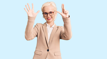 Young blonde woman wearing business clothes and glasses showing and pointing up with fingers number eight while smiling confident and happy.