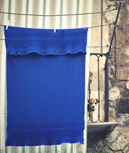 Dog By Blue Towel In Balcony