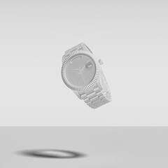 Abstract Image of White Painted Luxury Watch, Falling, Floating, Suspended, Isolated Against White. 3d Rendering.