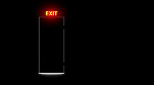 Black Closed Door And Neon Exit Lamp, Dark Background. Realistic Light Silhouette Slit Doorway. Abstract Room With Text Indicator. Vector Illustration.