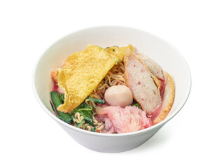 the close up of thai yen ta fo pink noodle soup lunch food on white background, traditional sweet an