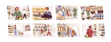 Set Of People Choosing Food In Grocery Shop. Men And Women Buying Products In Supermarket. Characters Standing Near Store Shelves With Shopping Carts And Baskets. Flat Vector Illustration On White