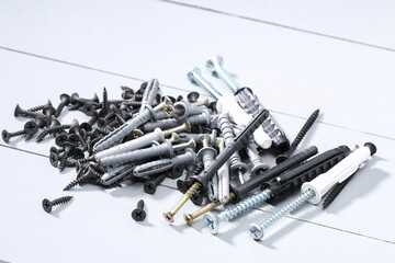 Black iron screws, dowel nails for wood, concrete. Fasteners, hardware.