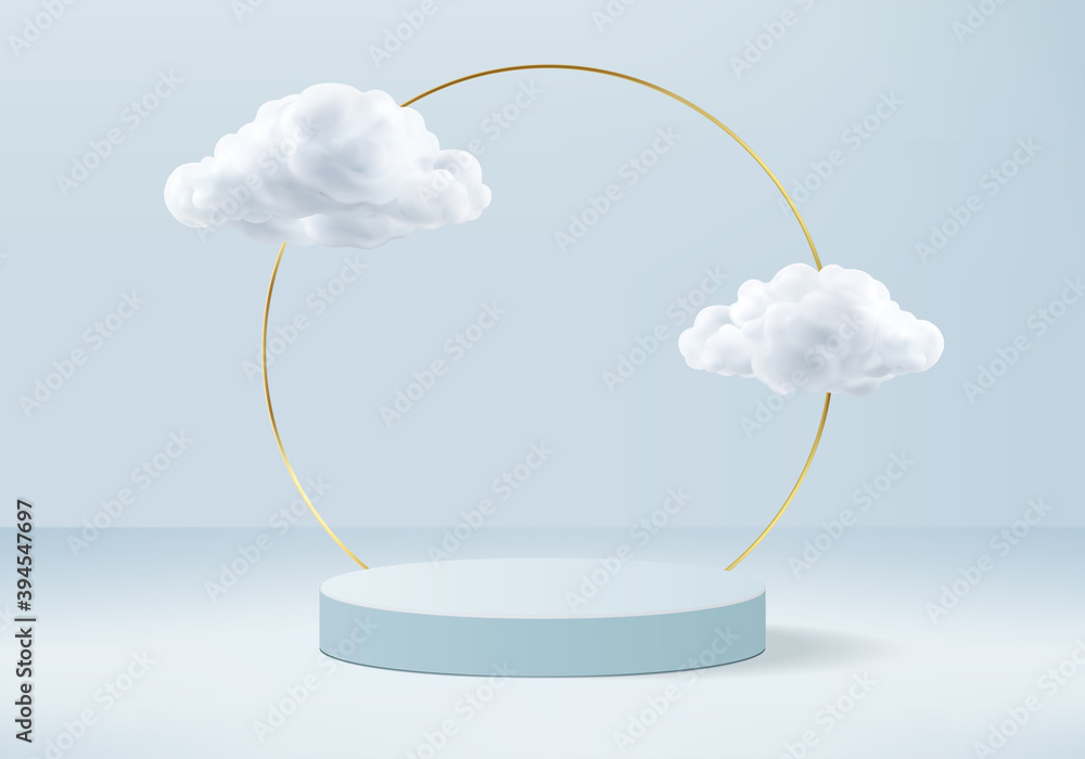 Podium background vector 3d blue rendering with podium and minimal cloud white scene, minimal background 3d rendering geometric shape sky cloud blue pastel. Stage 3d rendering in cloud platform. - obrazy, fototapety, plakaty 