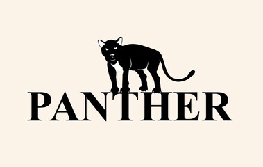 Wall Mural - Panther stands on word panther, logo, isolated on white vector