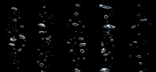 Wall Mural - collection water bubble white oxygen air, in underwater clear liquid with bubbles flowing up on the water surface, isolated on a black background