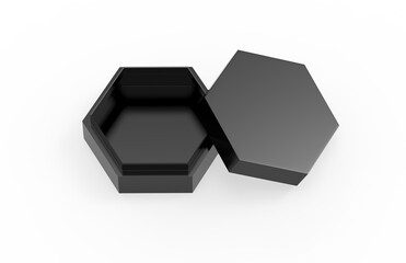 Wall Mural - Blank black cardboard hexagon packaging box mockup template on isolated white background, 3d illustration