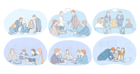 Wall Mural - Teamwork, brainstorming, negotiations, agreement, deal, presentation concept. Business people office workers discussing projects together, having brainstorming, making presentation for partners 