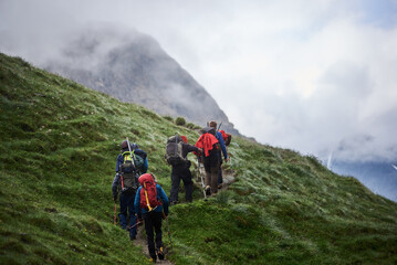 Back view of tourists with backpacks using trekking poles while climbing the grassy hill. Group of active people walking on path and heading to foggy mountain. Concept of hiking and backpacking.