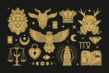 Magic Mystical And Celestial Vector Design Elements Set With Zodiac Icons.