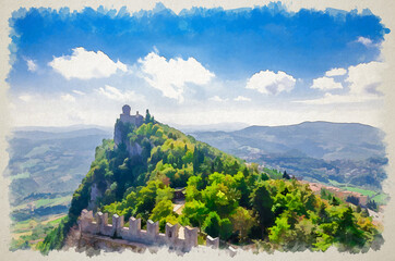 Watercolor drawing of Republic San Marino Seconda Torre La Cesta second fortress tower with brick walls on Mount Titano stone rock, green trees, aerial top panoramic view of landscape valley