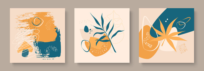 Creative art composition with natural simple hand painted shapes and exotic leaves, monstera. Modern abstract wall art, decoration, cover, brochure design.