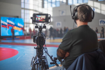 masked operator shoots a stream. Sports event